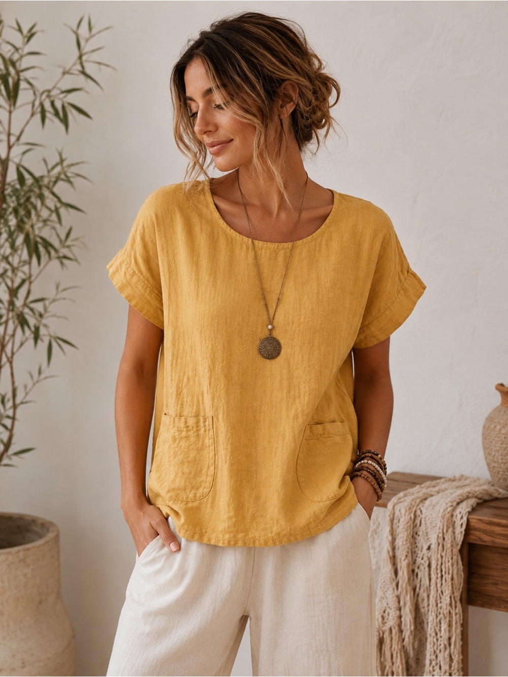 Francesca Bettini Italian Linen Top Mustard Yellow Pocket Tee Made in Italy M